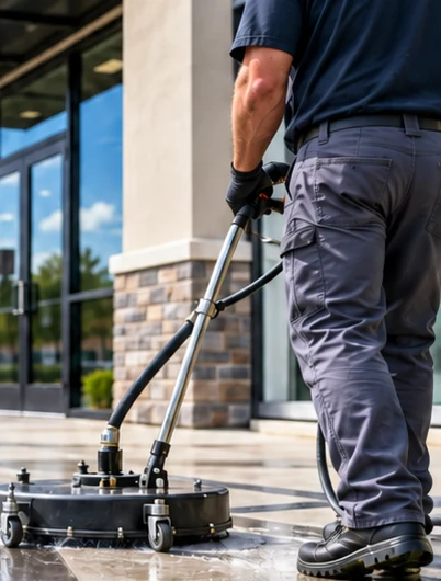 Commercial sidewalk being professionally cleaned using a surface cleaner