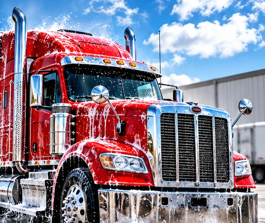 Red semi truck with soap and water during a mobile fleet washing service